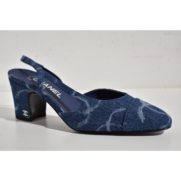 Chanel 23B Coco Sling Dark Blue Denim White CC Logo Slingback Block Heel 37.5 - Picture 4 of 12
